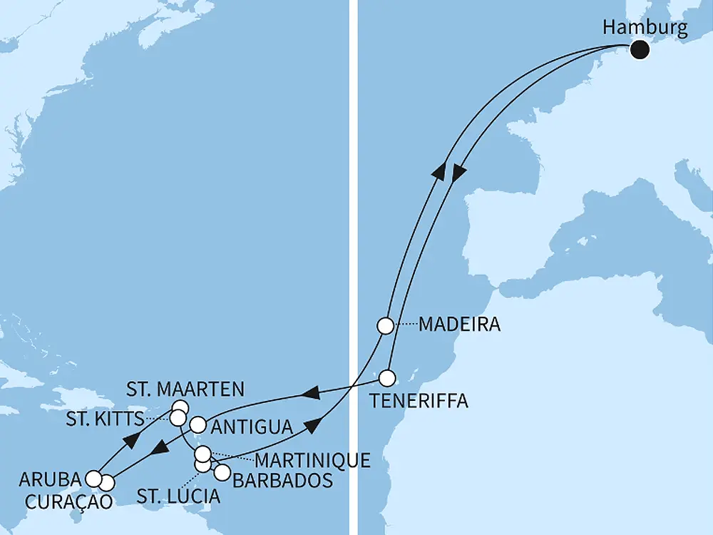 Mein Schiff Flow Angebot der Woche Karibik ab Deutschland mit Highlights rund um Genuss, Sport & Kultur - Routenbild
